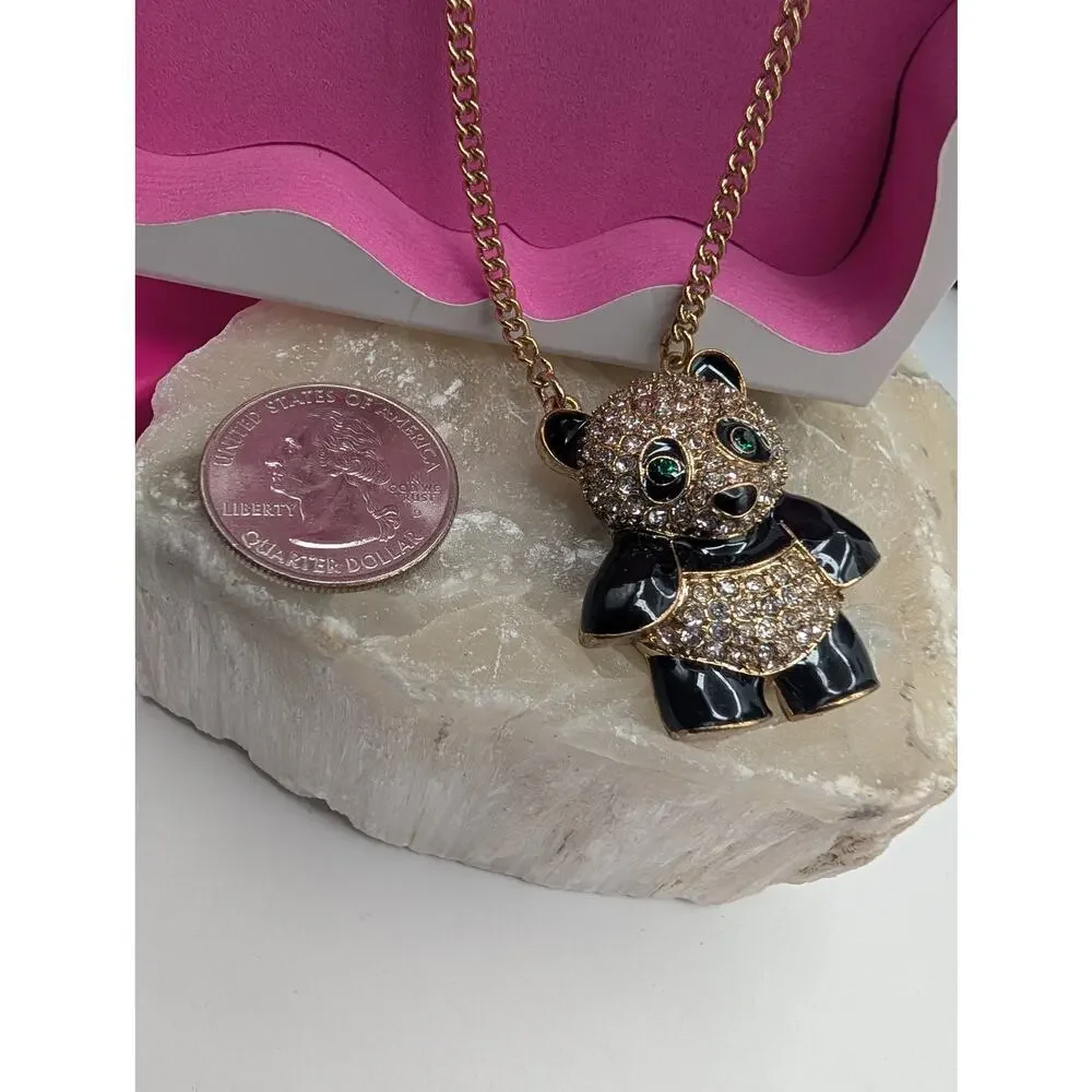 Betsey Johnson Panda Bear Pendant Necklace Gold Tone Rhinestone Enamel New Box